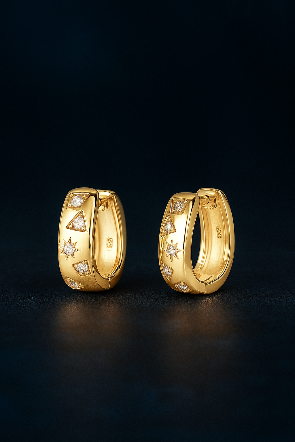 Golden Starburst Diamond Huggie Hoops Earrings