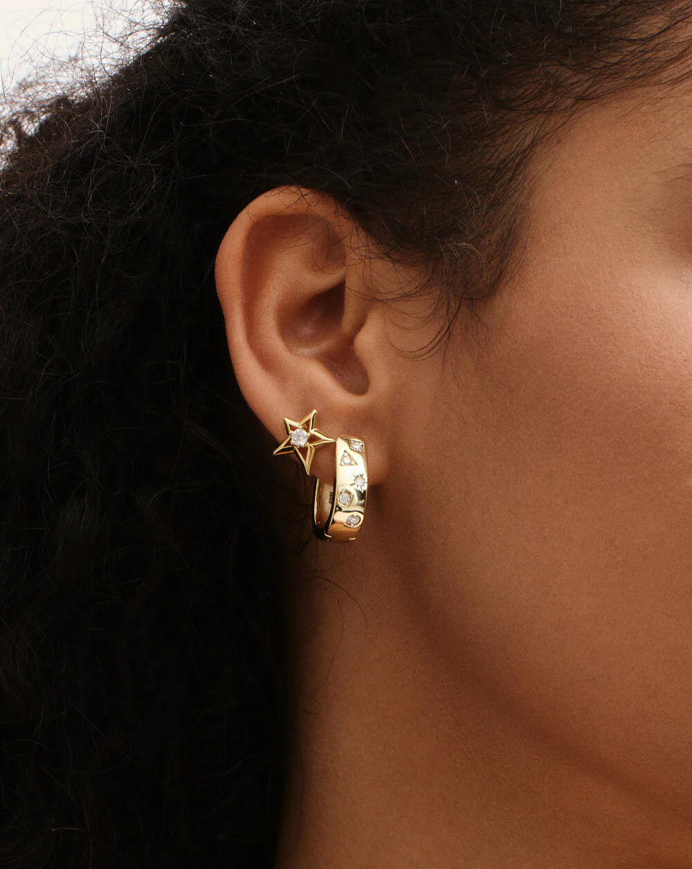 Golden Starburst Diamond Huggie Hoops Earrings
