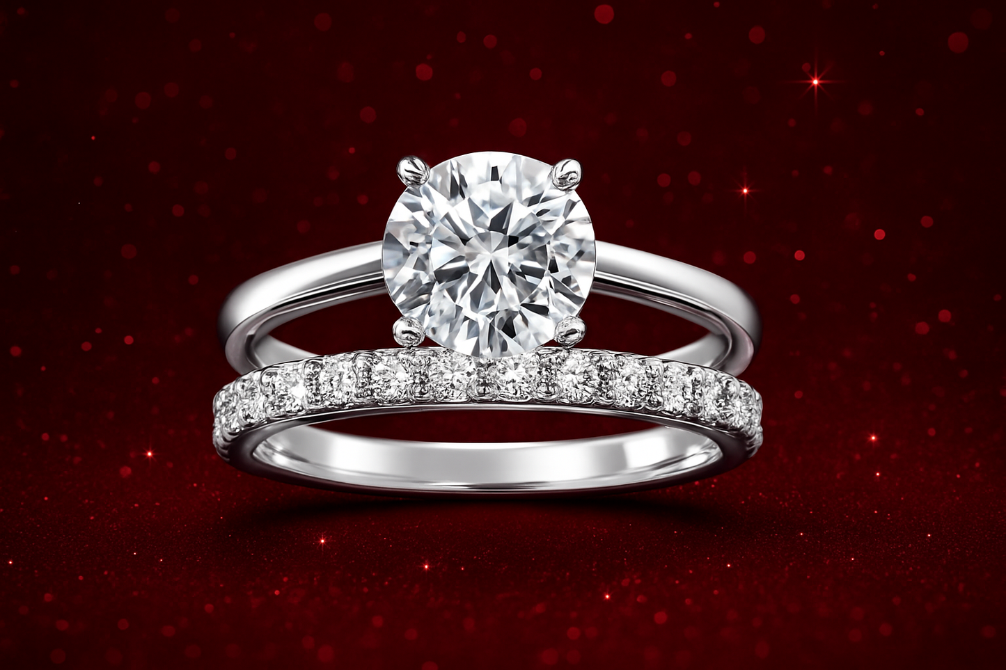 2CT Round Cut Moissanite Engagement Ring Set